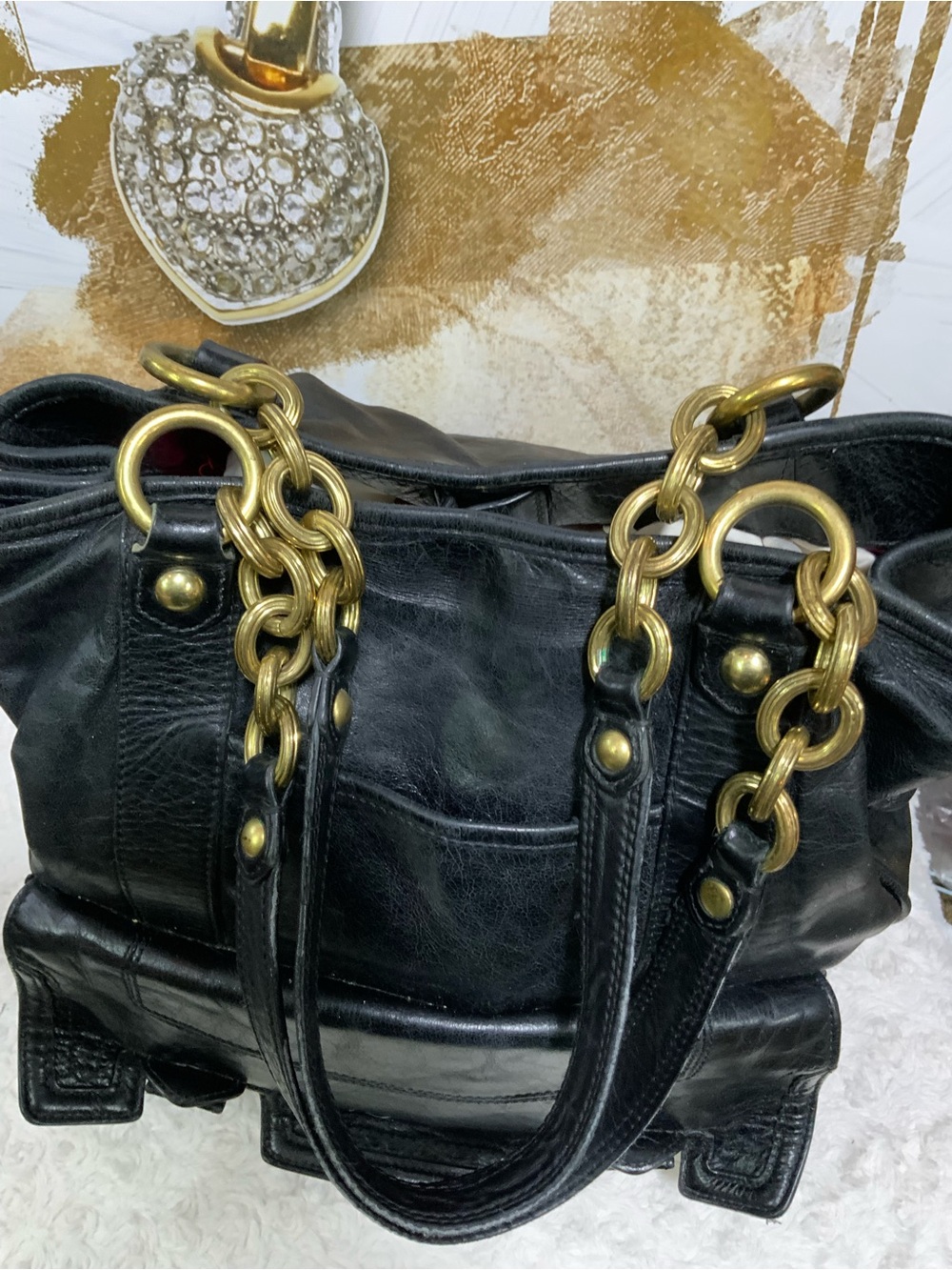 Coach Poppy Black Leather Tote with Gold Chain Handles - Picture 11 of 11